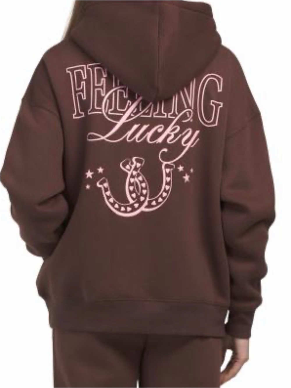 Women's Brown Graphic Hoodie with Pink 'Feeling Lucky' Design